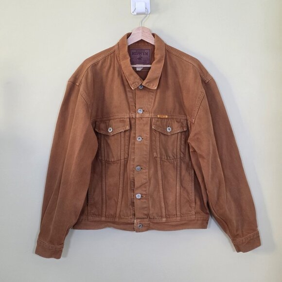 Vtg Edwin Company Ltd Montana Jacket Men L Burnt Orange Denim Oversize Crop FLAW - Picture 16 of 16